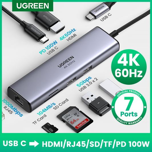 UGREEN USB C HUB 4K 60Hz Type C to HDMI 2.0 RJ45 PD 100W Adapter For Macbook Air Pro iPad Pro M2 M1 PC Accessories USB 3.0 HUB