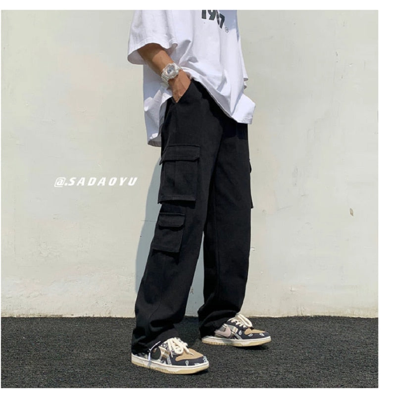 Black/white Casual Pants Men&#39;s Fashion Loose Straight Wide Leg Pants Men Streetwear Hip-hop Pocket Cargo Pants Mens Trousers