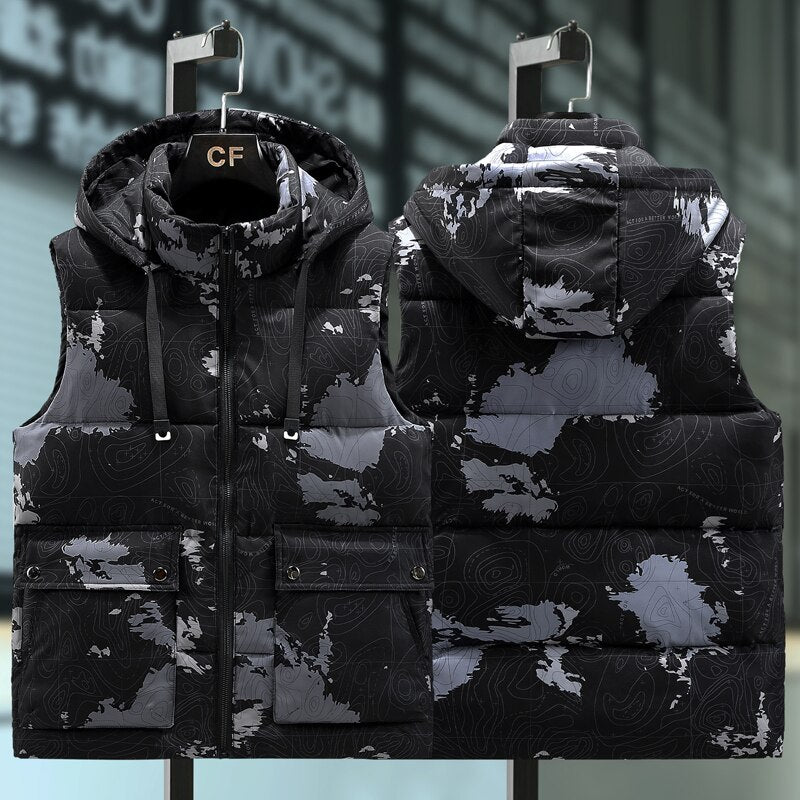 Plus Size S-8XL 2022 Autumn Winter Thick Sleeveless Jackets For Men Camouflage Warm Cotton Vest Hooded Casual Oversize Waistcoat