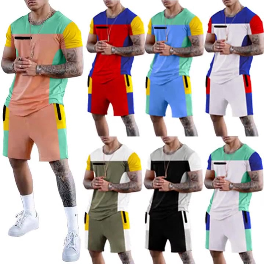 Patchwork Fabric Sportswear 2 Piece Short Set Summer Man Fashion Tracksuit Sweat Suits
