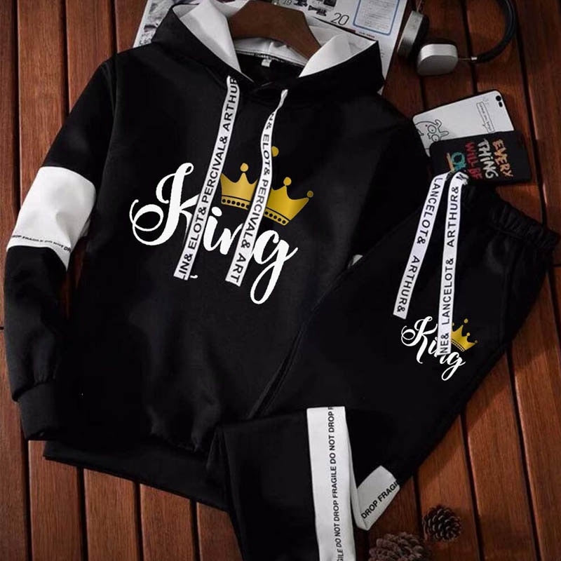 2023 New King Queen Printed Men&#39;s Hooded Sweatshirt Sets Splicing Hoodies+ Pants Outfits Spring Fall Man Outdoor Jogging Clothes