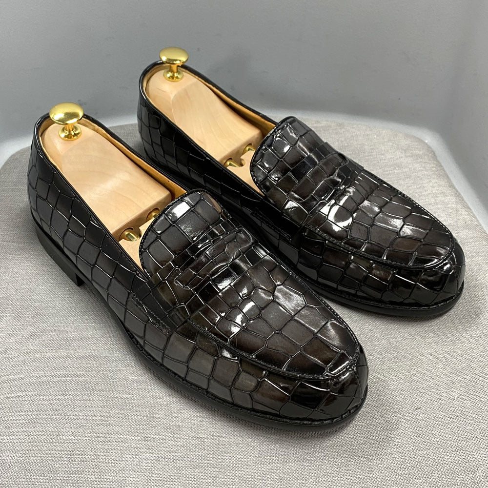 Brand Design Luxury Mens Penny Loafer Genuine Cow Leather Male Dress Shoes Round Toe Alligator Print Wedding Party Shoes for Men