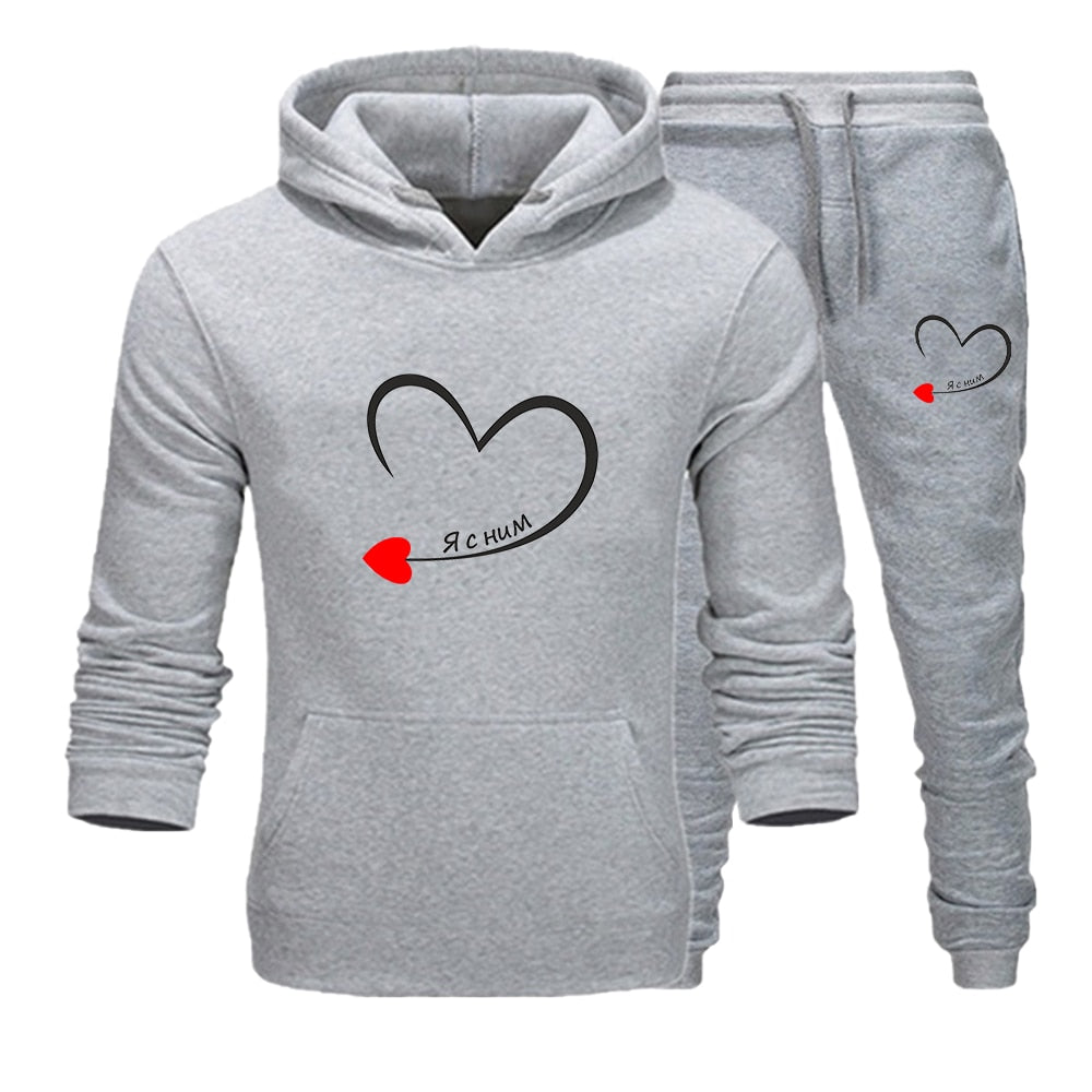 2023 Couples Tracksuit Love Heart Print Lover Hoodie and Pants 2 PCS Clothes Men Women Sweatshirts and Trousers Fleece Suits