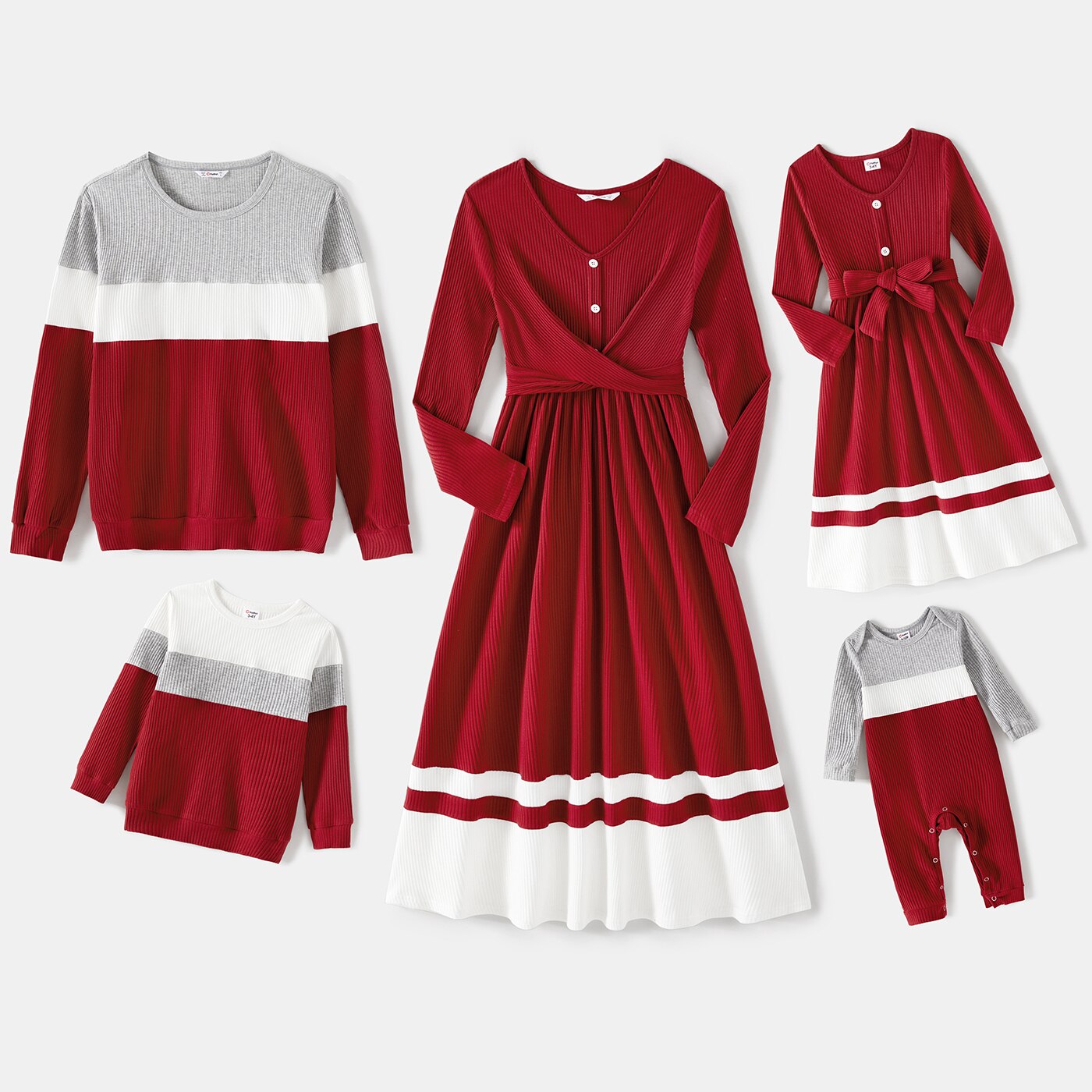 PatPat Family Matching Burgundy Ribbed Crisscross Pleated Midi Dresses and Long-sleeve Colorblock Tops Sets