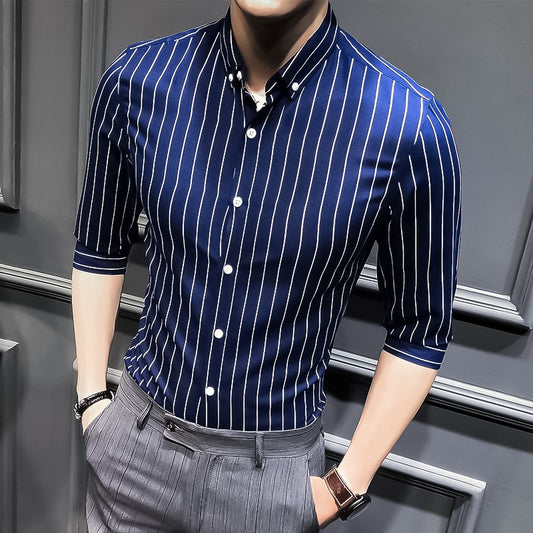 Men&#39;s Shirt Fashion Casual Striped Long Sleeved 3/4 Sleeve Slim Fit Spring Summer Autumn Quality Male Button Down Shirt