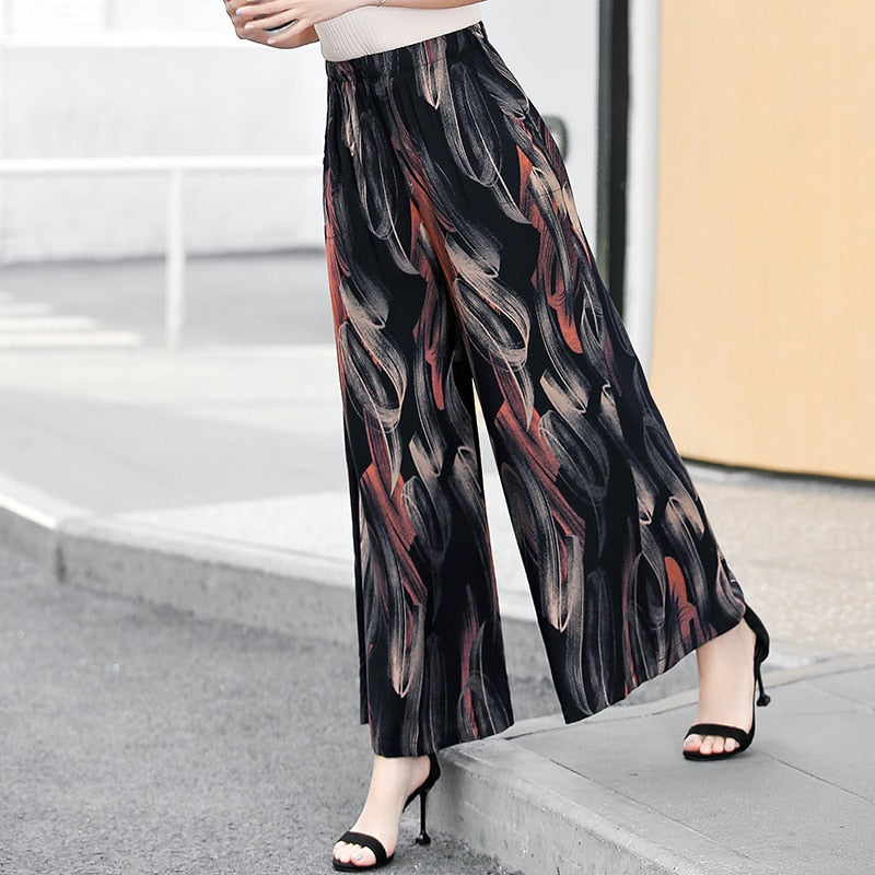 2023 Summer Wide Leg Pants Women Casual Elastic Waist Wide Leg Trousers with Print Ankle-Lengtht High Waist Pants Summer Bottoms