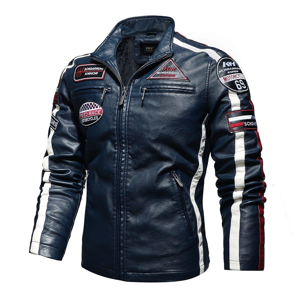 Mens Vintage Motorcycle Jacket 2021 Men Fashion New Biker Leather Jacket Male Embroidery Bomber Coat Winter Fleece Pu Overcoat