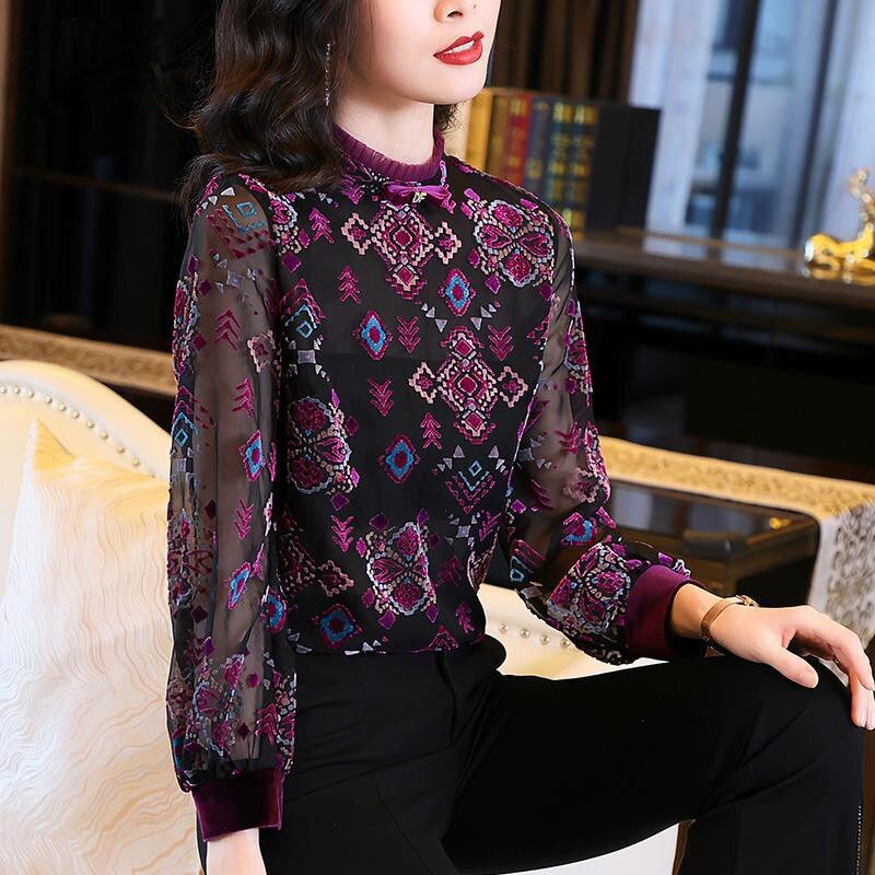 Fuchsia Colour Gauze Long Sleeve Spliced Three-dimensional Geometric Fashion Print Loose Silk Satin Bow Round Neck Blouse Ladies