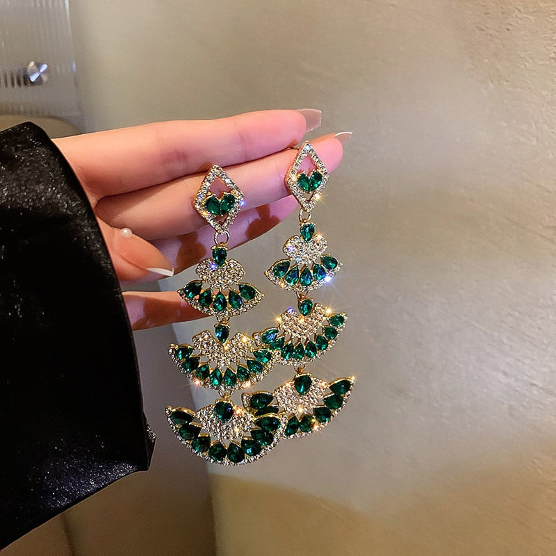 FYUAN Vintage Green Crystal Drop Earrings for Women Oversize Long Sector Geometric Dangle Earrings Statement Jewelry
