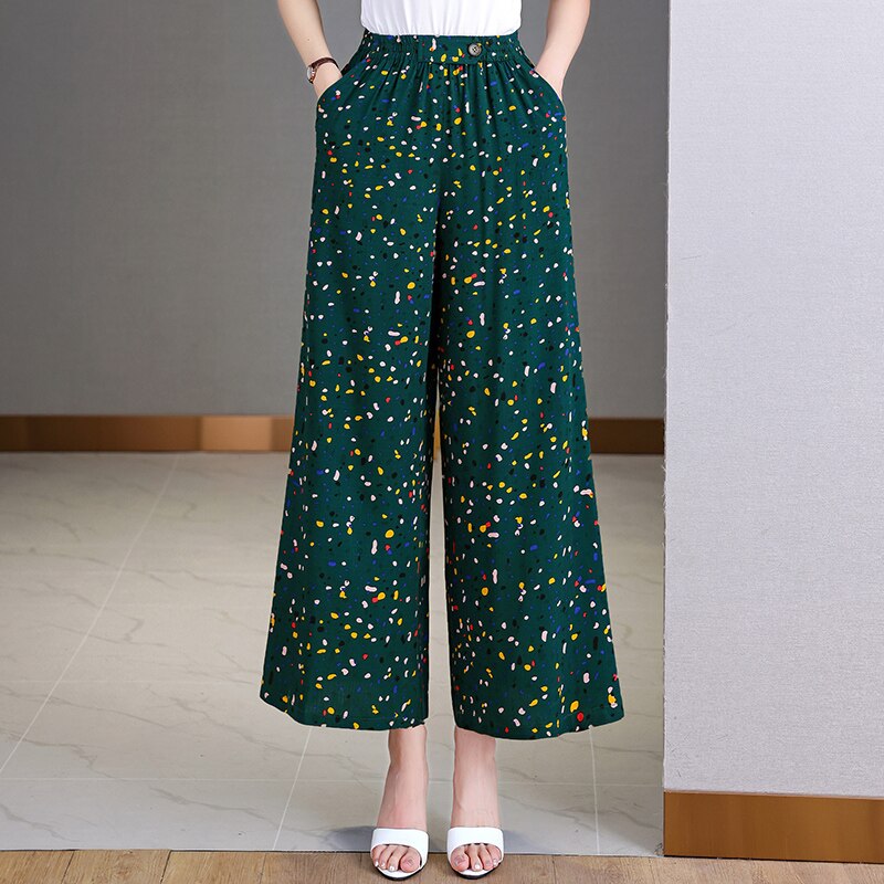 Summer Wide Leg Pants Women Loose High Waist Beach Ankle-Length Trousers Summer Casual Retro Print Plaid Pants