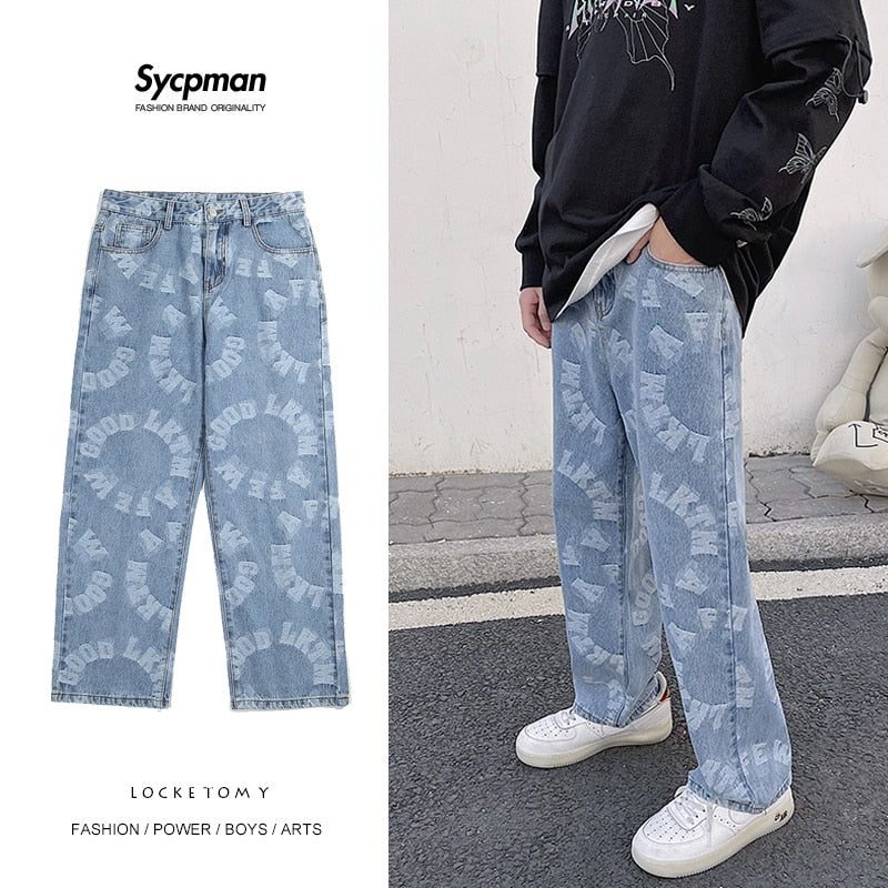 Jacquard Jeans Blue Mens Loose Straight Leg Long Pants Streetwear Baggy Denim Clothing Graphic Streetwear Baggy