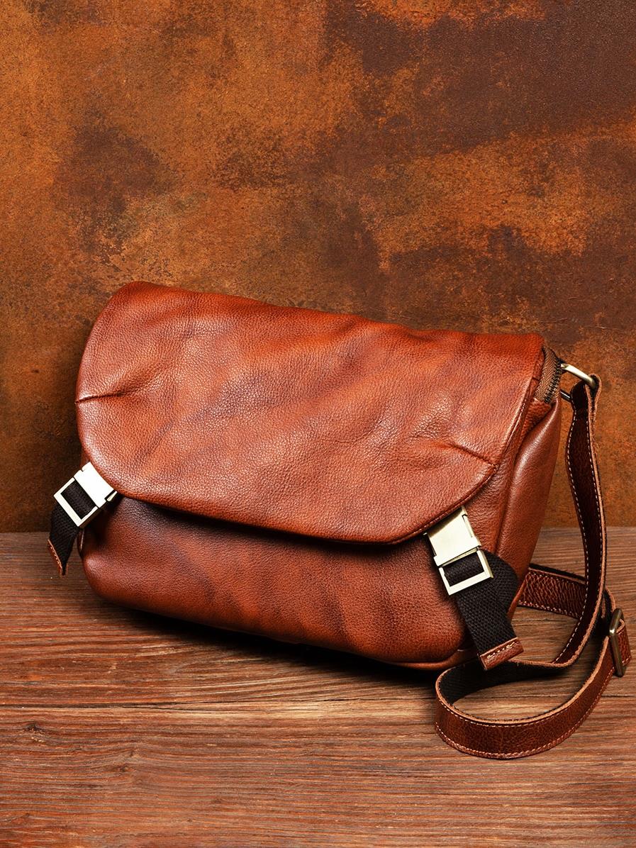 Soft Leather Men&#39;s Bag Messenger Bag Men&#39;s Ins Fashionable Shoulder Crossbody Bag Retro Casual Vegetable Tanning Leather Bags