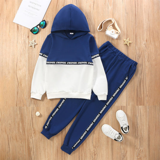 PatPat 2-piece Kid Boy Letter Print Colorblock Hoodie Sweatshirt and Pants Casual Set