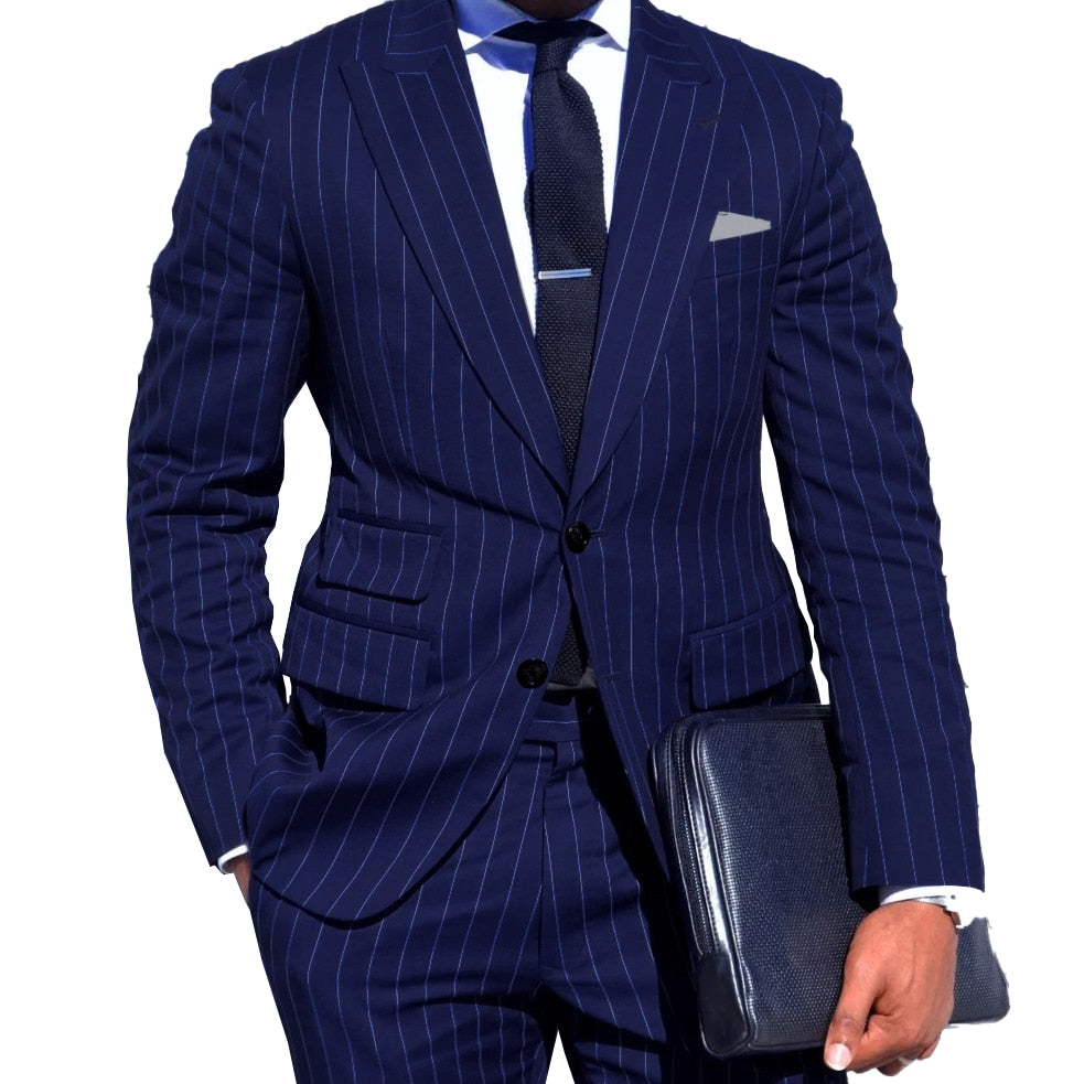 2PCS Navy Blue Stripe Men Suits Custom Men Business Suit with Ticket Pocket Tailored Made Single Breasted Peak Lapel Men Blazer