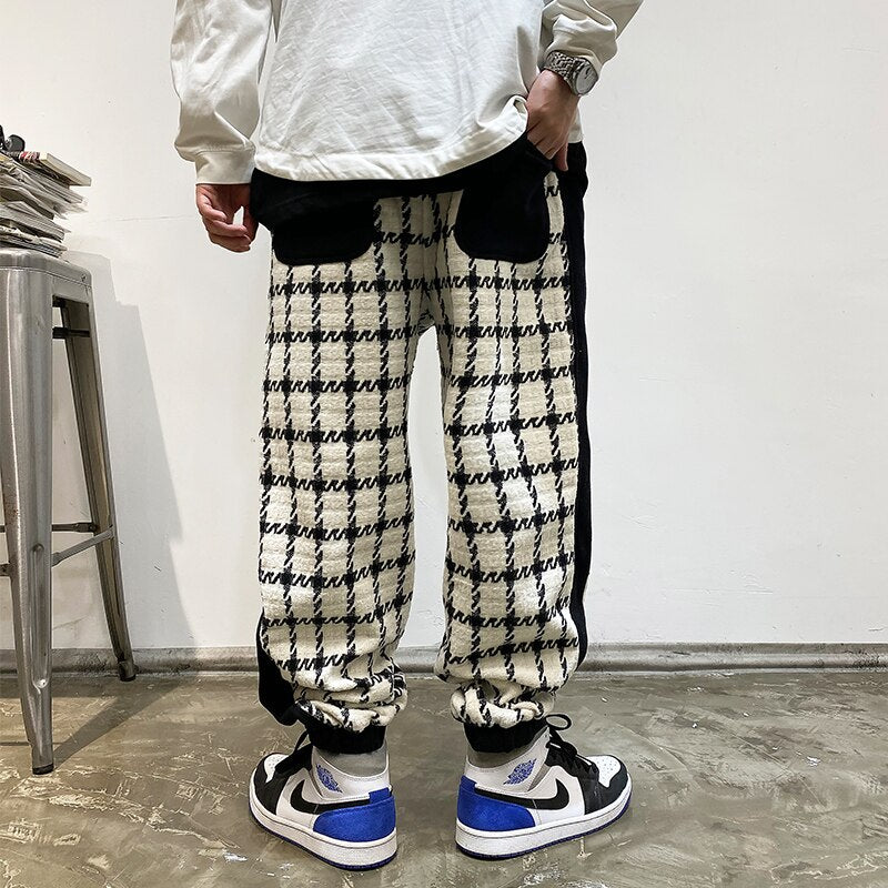 Japanese Streetwear Black White Checked Sweatpants Men Clothing Harajuku Casual Sport Jogging Pants Korean Hip Hop Joggers Male