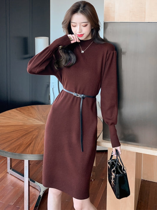 Elegant Women&#39;s Dresses for Party 2022  Autumn Winter Female Clothing Solid Dresses Woman with Belt OL Lantern Sleeve Knit Dress