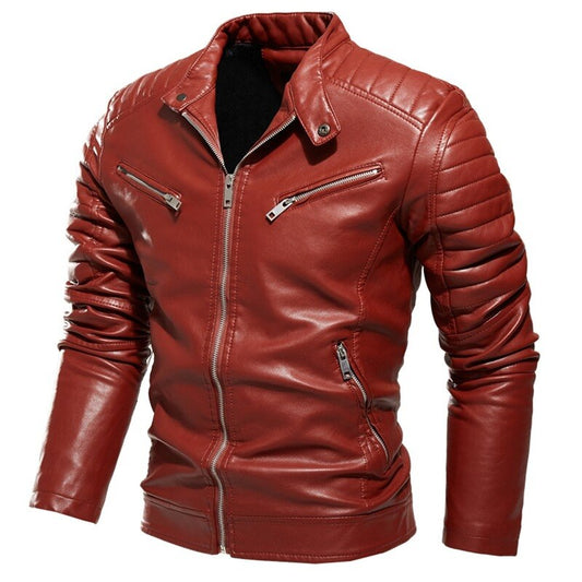Mens Winter Jacket Lapel Black Leather Motorcycle Jacket Men Biker Coats Pleated Design Smart Jacket Men Warm Fur Lined Slim Fit