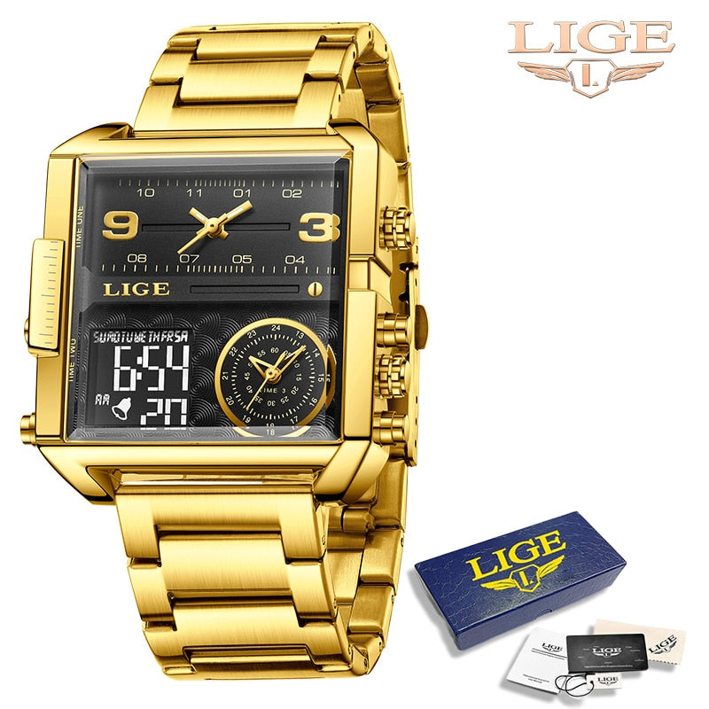LIGE New Top Brand Luxury Fashion Men Watches Gold Steel Sport Square Digital Analog Big Quartz Watch for Man relogio masculino