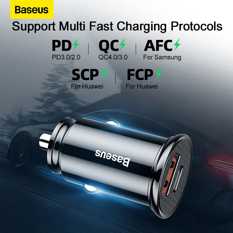 Baseus USB Car Charger Quick Charge 4.0 QC4.0 QC3.0 QC SCP 5A PD Type C 30W Fast Car USB Charger For iPhone Xiaomi Mobile Phone