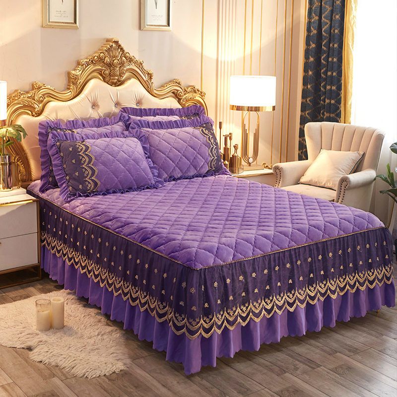 Luxury Winter Quick Warm Velvet Bed Skirt Super Soft Thick Flannel Quilted Bedspread Anti-slip Bed Cover Not Included Pillowcase