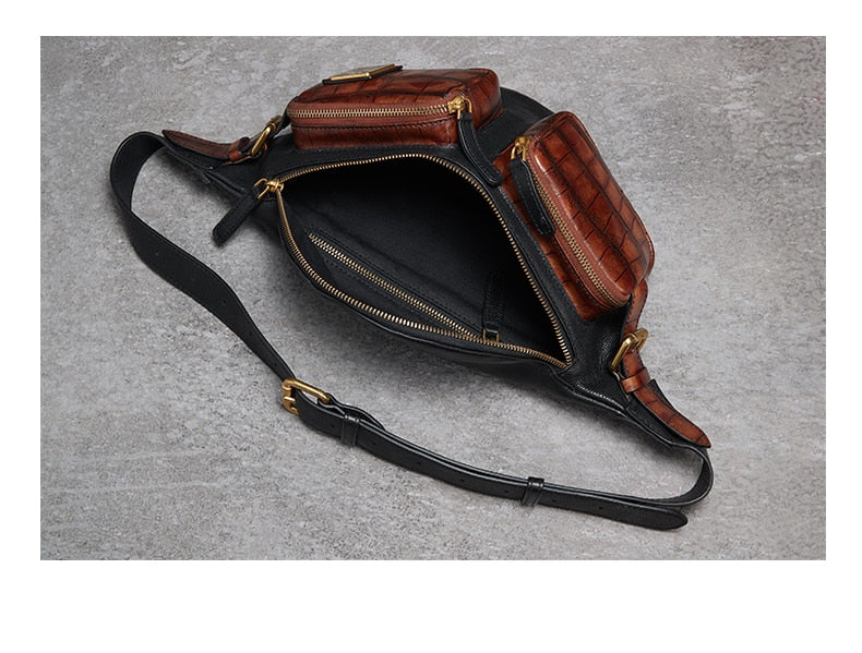 Crocodile Pattern Chest Bag First Layer Cowhide Vintage Genuine Leather Men&#39;s Shoulder Messenger Bag Cycling Men&#39;s Bag Casual