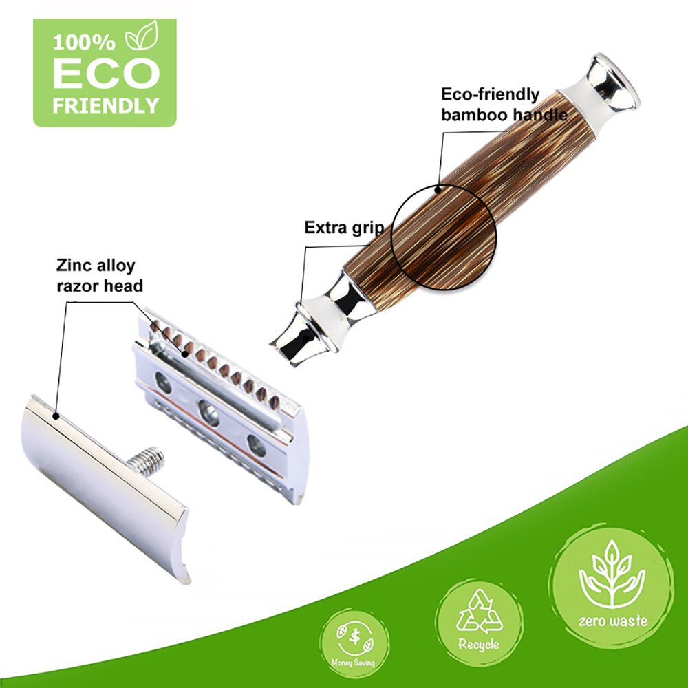 Old-fashioned Manual Control Razor Safety Fits All Double Edge Contains 5 Blades Eco Friendly Shaving Made Of Bamboo&amp;Zinc Alloy