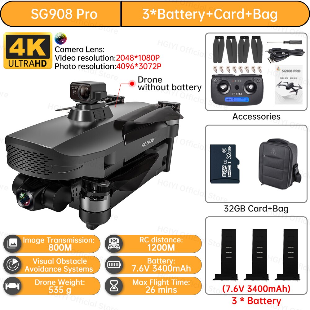 HGIYI SG908 Max Drone 4K Profesional 3-Axis Gimbal Obstacle Avoidance HD Camera Dron GPS RC Helicopter Quadcopter VS SG907 Max