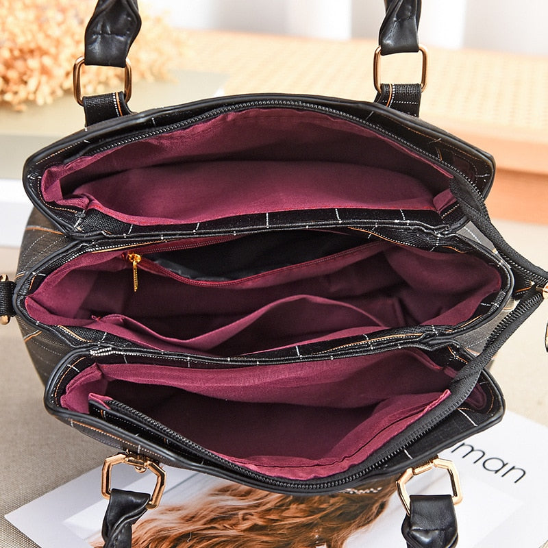 TRAVEASY 2022 PU Leather Plaid Patchwork Female Shoulder Bag Casual Zipper Large Capacity Top-Handle Bag for Women Crossbody Bag