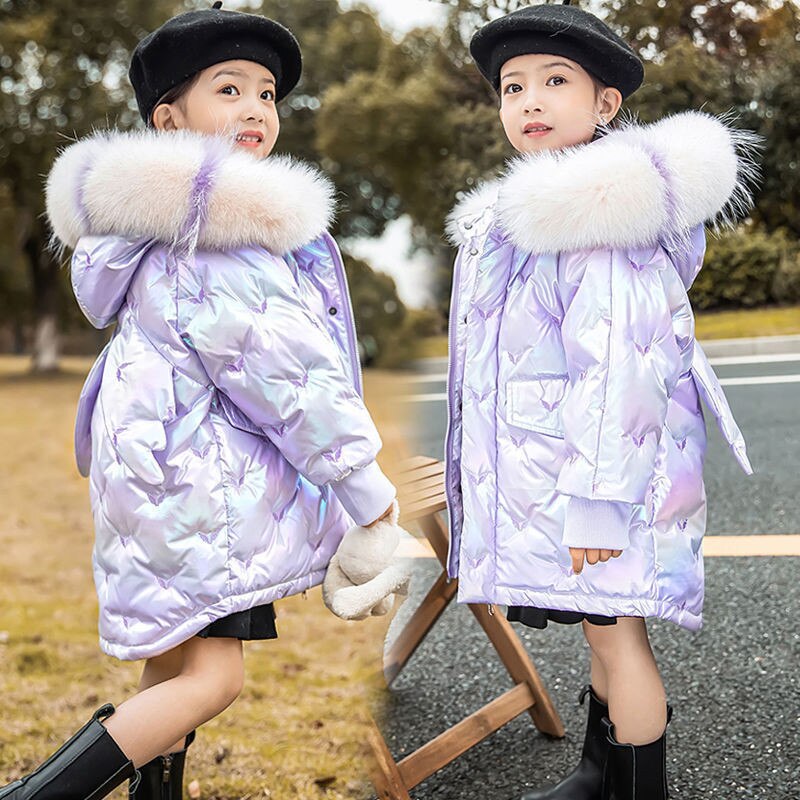 Girls Hooded Down Parkas Fur Collar Outerwear 3-10 Years 2022 Winter Girl Thick Warm Shiny Jacket  Long Coats Kids Down Jackets