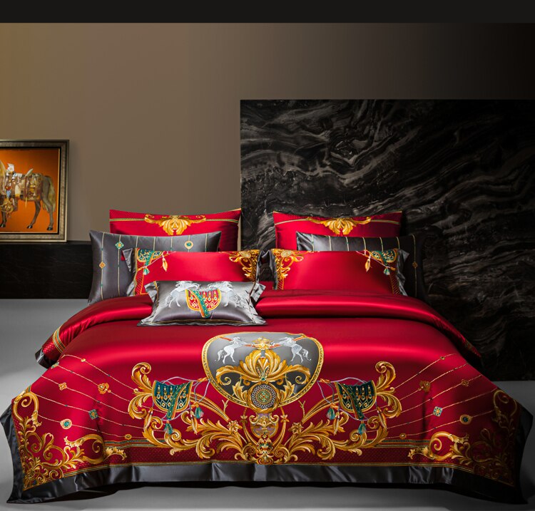 Bedding Set- Golden/Red Luxury Palace Silk Brocade Egyptian Cotton Bedding Set  Chic Embroidered Duvet Cover Bed sheet Bedspread Pillowcases