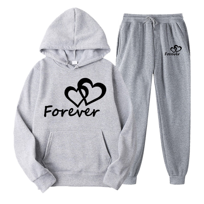 Fashion Men and Women Unisex Couple Sportwear Set Lover Forever Together Printed Hooded Suits Set Hoodie and Pants Streetwear