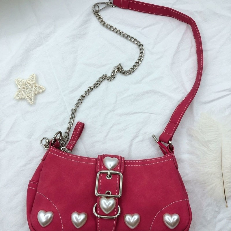 Xiuya Harajuku Vintage Female Shoulder Bag 2022 Rose Red Heart Japanese Goth Lolita Bag Female Handbags Mobile Phone Pouch Purse