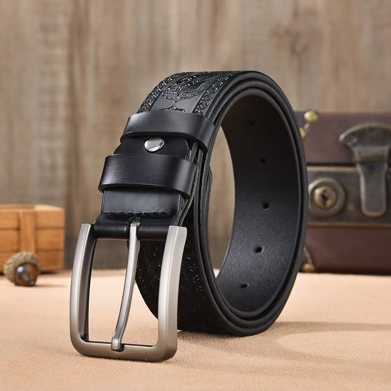 Retro Carved Craft Men&#39;s Belt Leather Cowhide Pin Buckle Fashion Denim Casual Pants Belt