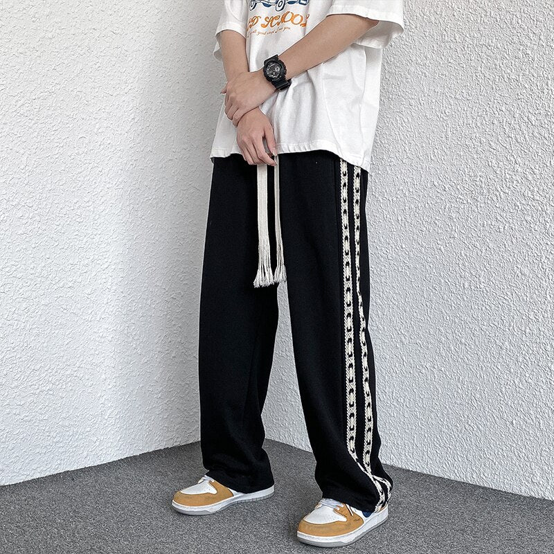 Korean style fashion men&#39;s lace-up knitted sweatpants loose straight wide leg pants boy jogging trousers casual pants black grey