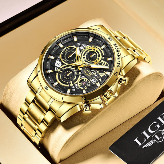 LIGE New Fashion Mens Watches Gold Stainless Steel Top Brand Luxury Sports Waterproof Watches Quartz Watch Men Relogio Masculino