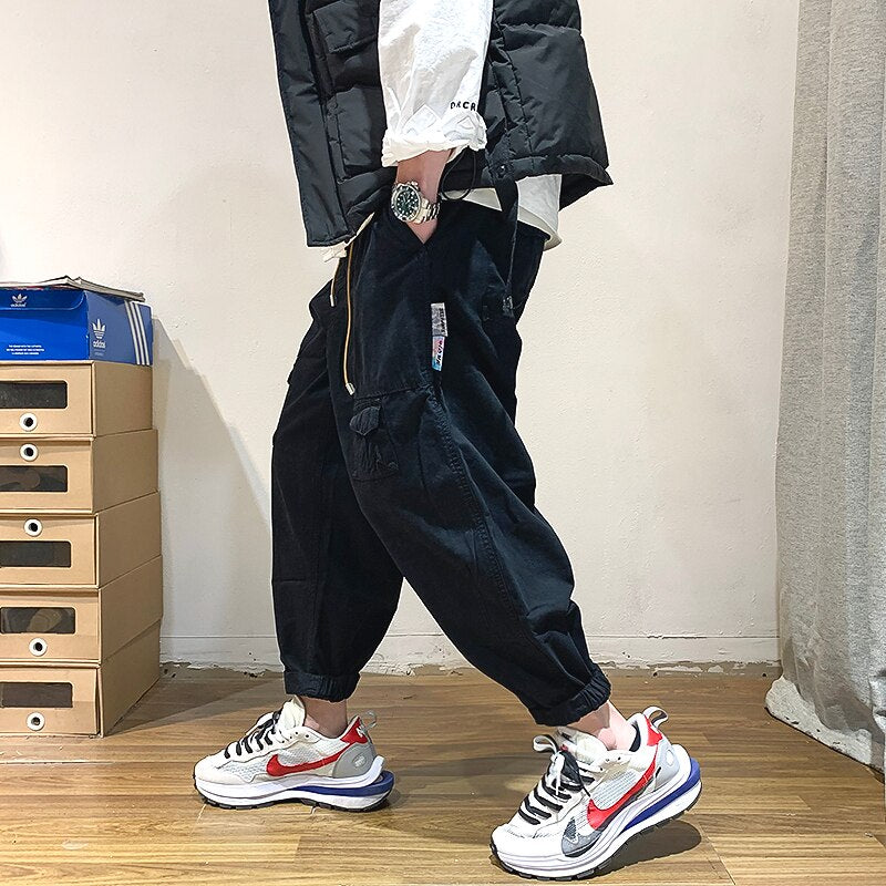 Korean Style Streetwear Loose Fashion Harem Pants Hip Hop Baggy Cropped Pants Men Clothing Harajuku Casual Cargo Joggers Male