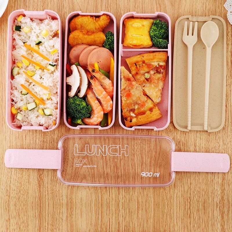 Kitchen Microwave Lunch Box Wheat Straw Healthy Material 3 Layer Japanese Bento Box Food Container Kids School Office Dinnerware
