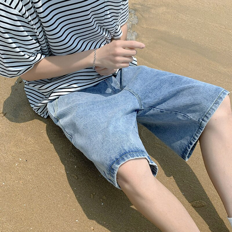 Men&#39;s Summer Denim Shorts Korean Elastic Waist Lace-up Straight Leg Pants Student Loose Casual Pants Cotton Pants