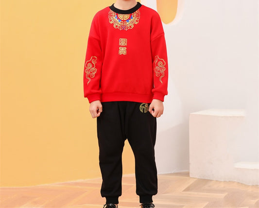 2022 Autumn Winter 2 3 4-14 Years Brother Sisiter Family Outfit Thicken Boy Girl Chinese New Year Red Sweatshirt +Pant 2 Pcs Set