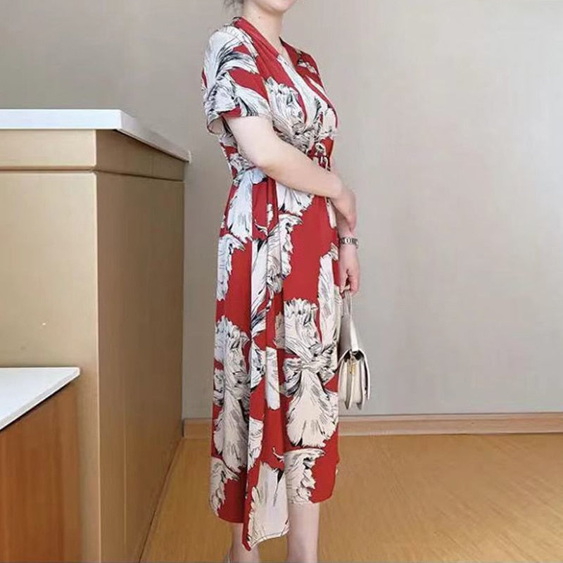 Summer New Print V Neck Knee Length Loose Midi Dress Short Sleeve Sashes High Waist Ladies Dresses Elegant Fashion Women Clothes