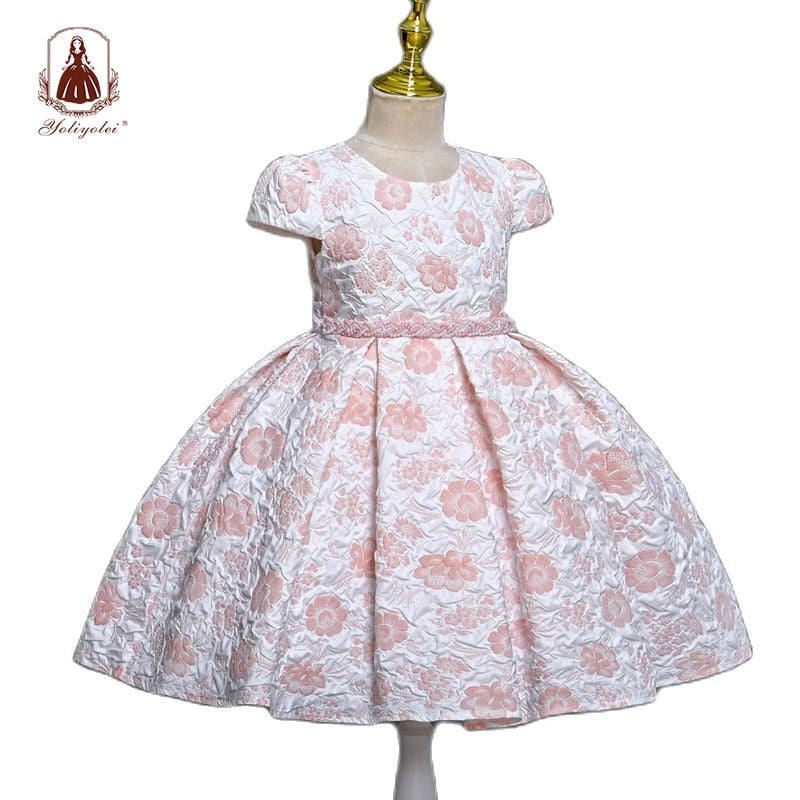 Yoliyolei Pleat Jacquard Fabric Floral Print Girl Princess Dress Pearls Waist Girls Elegant Dresses For 2 To 7 Years Birthday