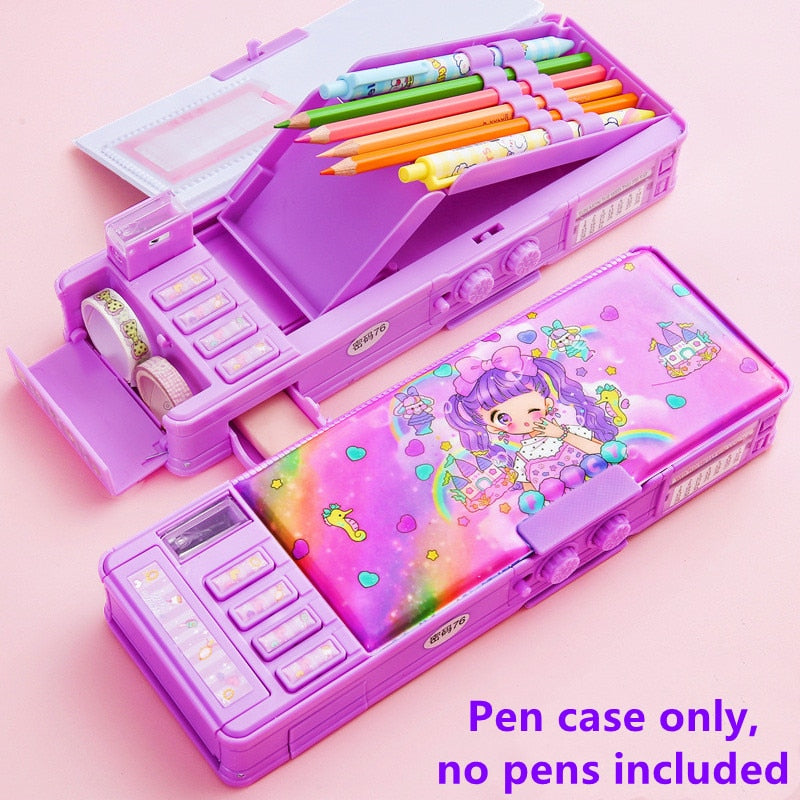 Mechanical deformation combination lock stationery box girl cute pencil case school student pencil box Cartoon plastic pen case