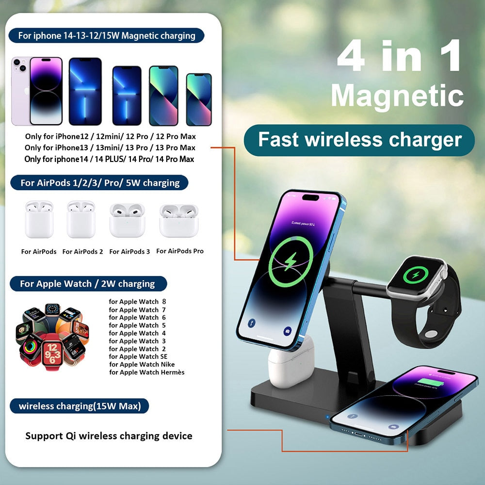 4 in 1 Magnetic Wireless Charger 37W Qi Fast Charging Stand for iPhone 14 13 12 Pro Max Mini 11 X Apple Watch 8 7 SE Airpods 3 2