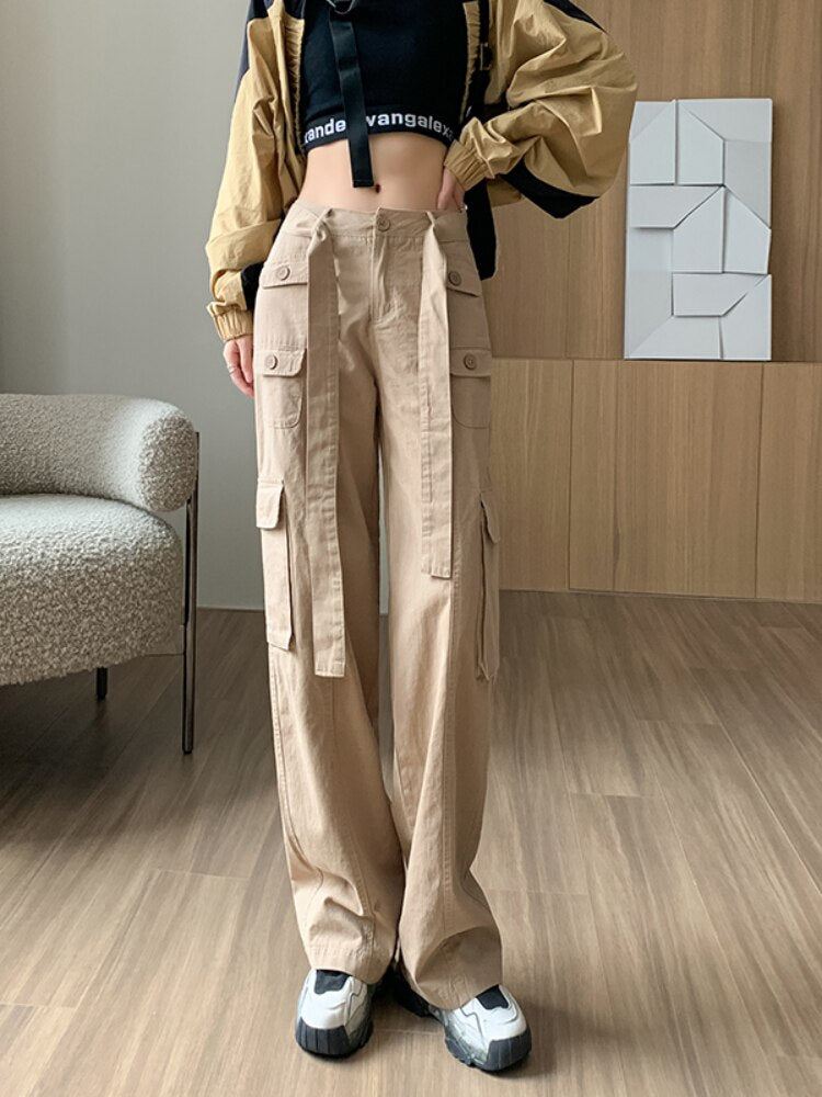 Vintage Cargo Pants Women Casual Pants Autumn New Women Clothing Belt Wide Leg Pants Straight Trousers Basic Soild Pants Women