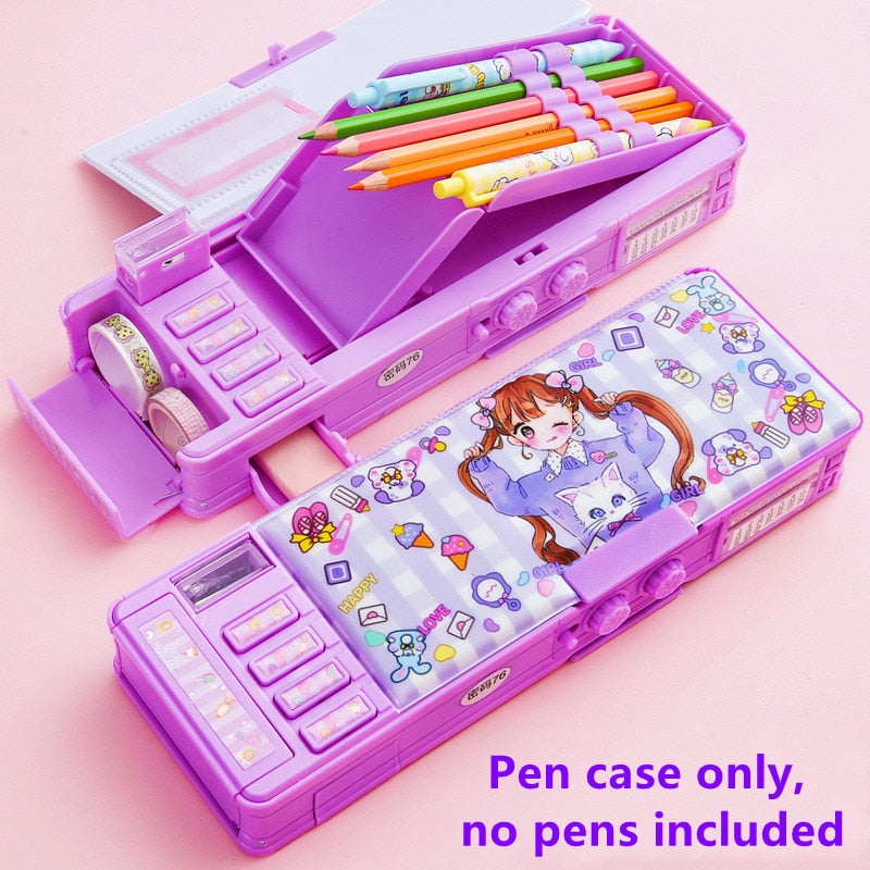 Mechanical deformation combination lock stationery box girl cute pencil case school student pencil box Cartoon plastic pen case