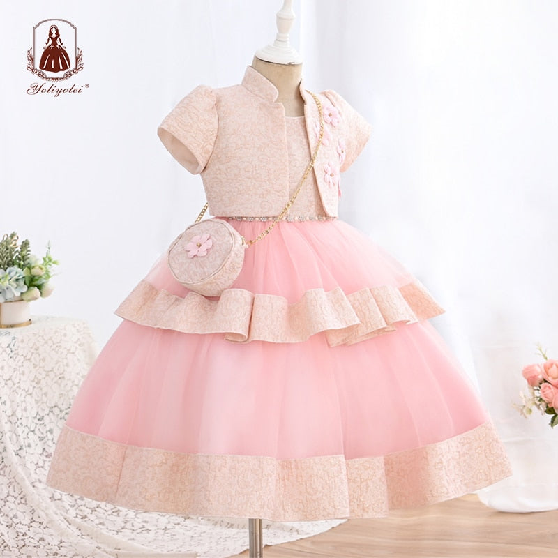 Yoliyolei 3pcs/set Bag Baby Dresses for Girls Christmas Toddler Kids Elegant Princess Jacquard Gown Children Party Dresses