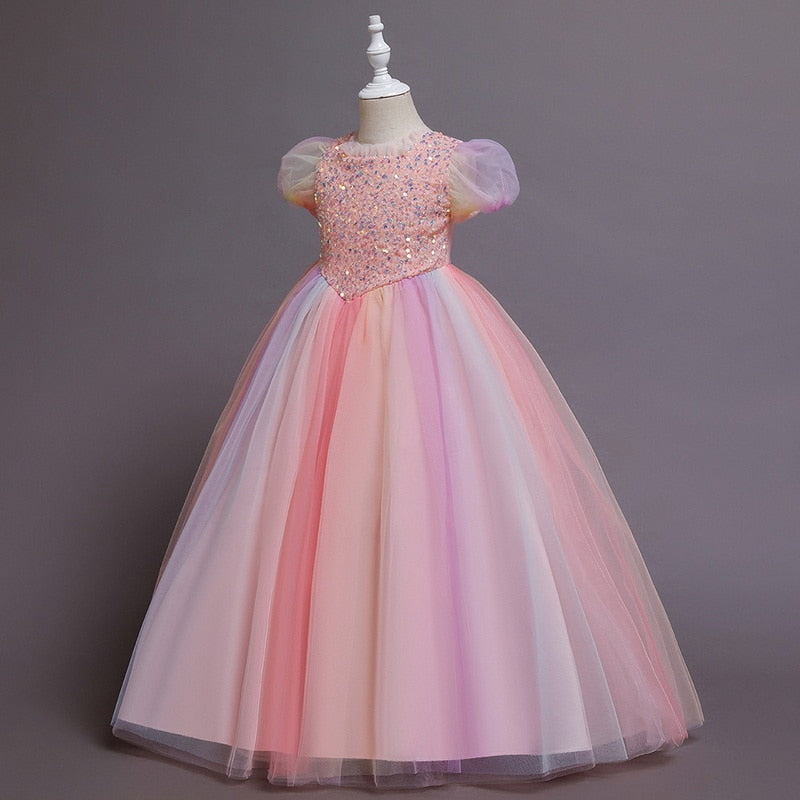 2022 Europe Summer Party Dress Girl Rainbow Short Puff Sleeves Sequined Princess Dress Piano Host Birthday Wedding Dress E323