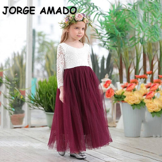 Princess Dress for Girls Ankle Length Wedding Party Dress Eyelash Back White Lace Beach Dress Children Clothing E15177