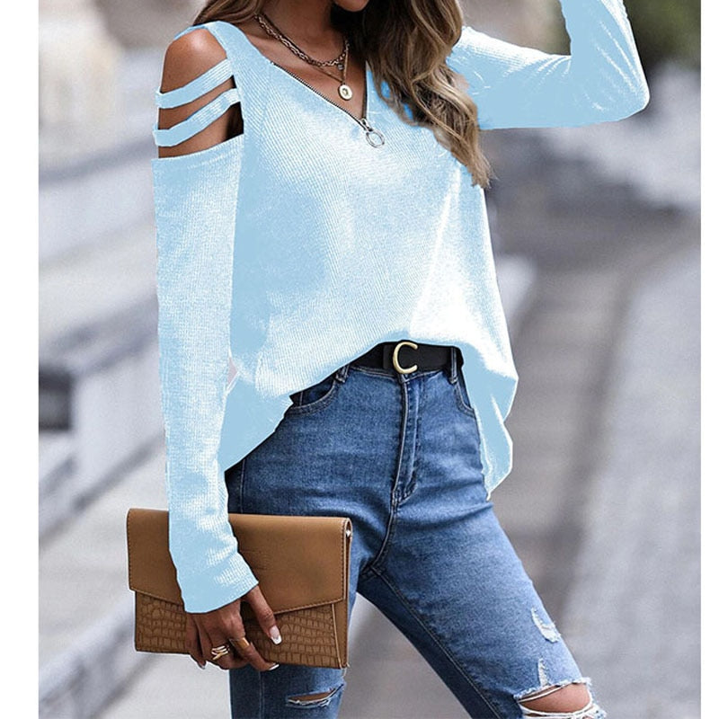 Fashion Casual Women&#39;s Zipper Off Shoulder Solid Color T-shirt Hollow Out Spliced Long Sleeve Tops Autumn Winter Female Clothing