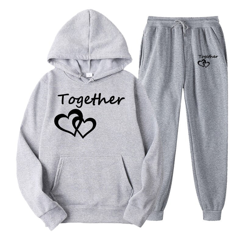 Fashion Men and Women Unisex Couple Sportwear Set Lover Forever Together Printed Hooded Suits Set Hoodie and Pants Streetwear